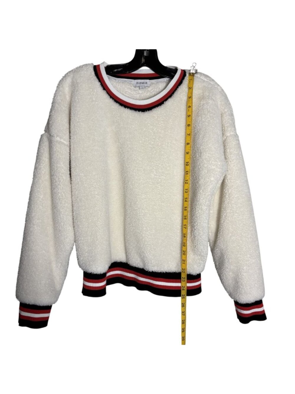 Evereve Off White Varsity Teddy Knit Pullover With Striped Red and Black Trim - Picture 4 of 8